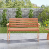 Solid wood 2-seat patio bench with slatted seat and inclined backrest, ideal for backyard and porch relaxation.