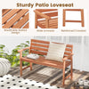 Sturdy patio loveseat with breathable slatted design, wide armrests, and inclined backrest for outdoor relaxation.