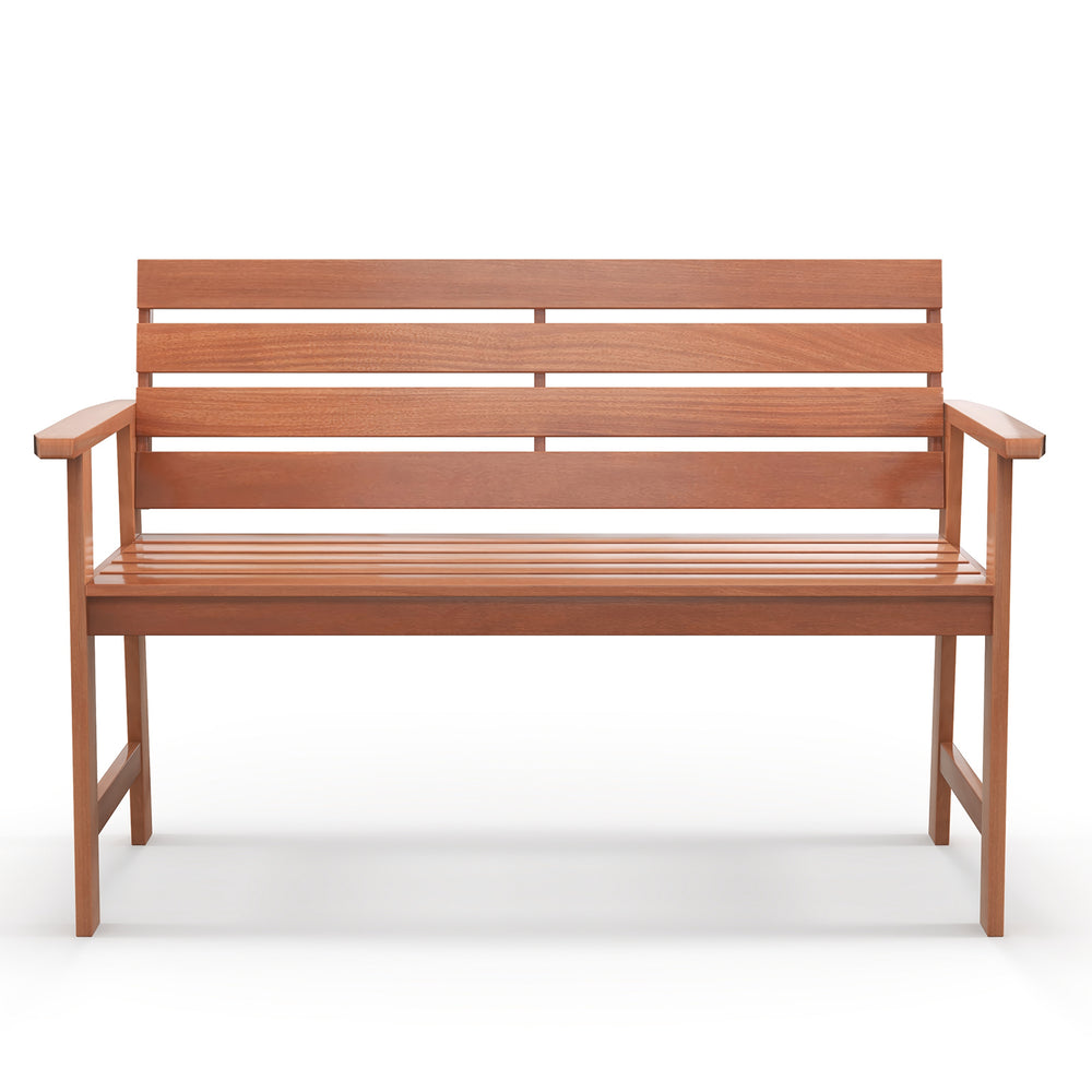 Solid wood 2-seat patio bench with slatted design and inclined backrest, ideal for outdoor relaxation on the porch or.