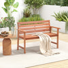 Solid wood 2-seat patio bench with slatted seat, inclined backrest, and wide armrests, ideal for outdoor relaxation.