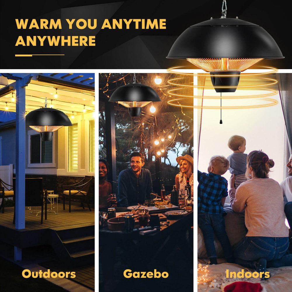 1500W electric patio heater with IPX4 waterproof design, providing 360° warmth for outdoor and indoor settings.