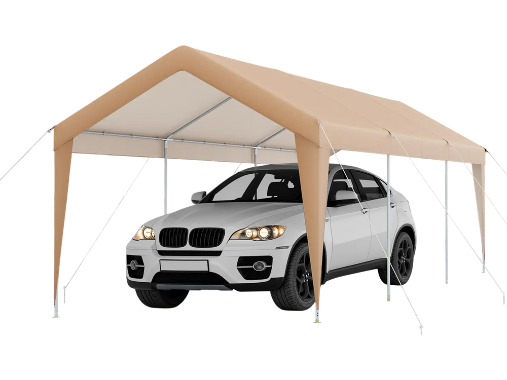 Heavy-duty 10 x 20 feet all-weather carport with PE canopy cover, protecting vehicles from severe weather conditions.