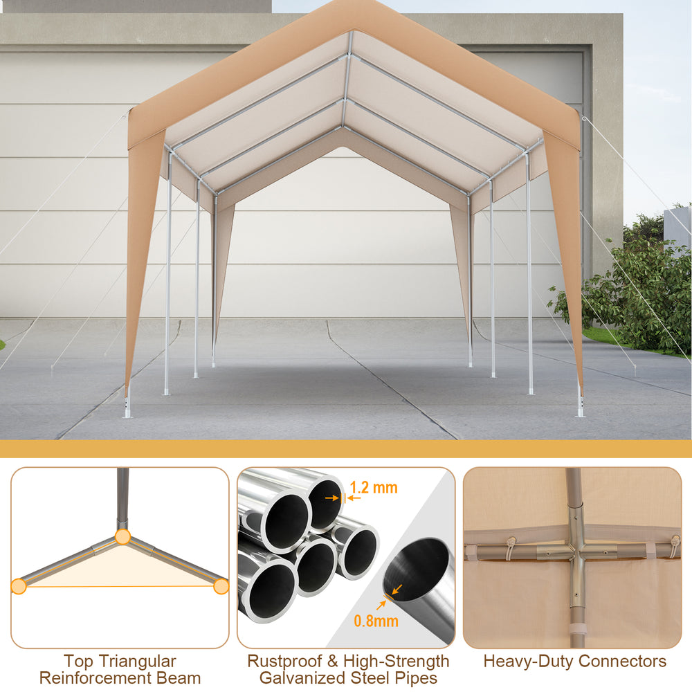Heavy-duty 10 x 20 feet patio carport with rustproof galvanized steel pipes and reinforced triangular beams for.