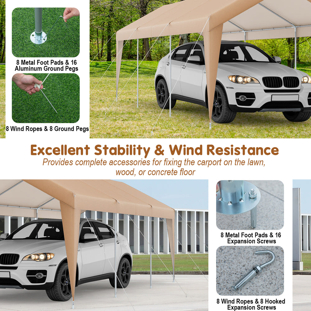 Heavy-duty 10 x 20 feet patio carport with PE canopy, metal foot pads, and wind resistance features for vehicle.