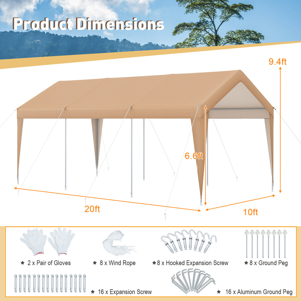 Heavy-duty 10 x 20 feet patio carport with PE canopy, galvanized steel frame, and reinforced beams for all-weather.