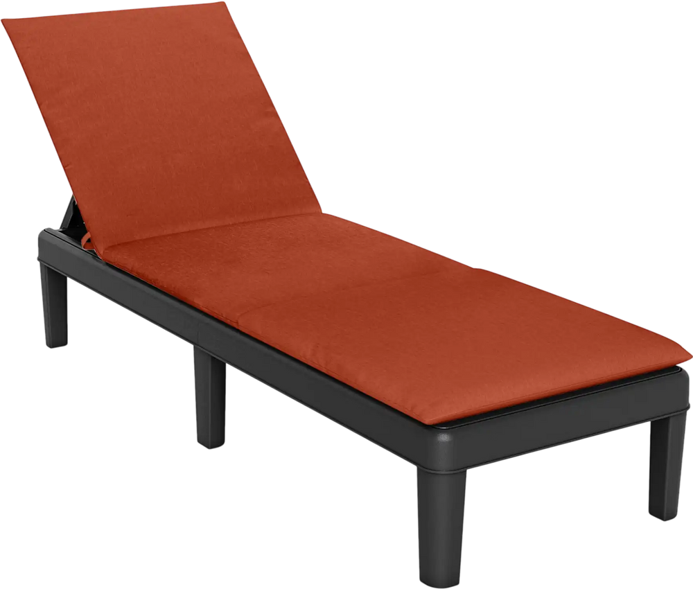 Adjustable patio lounge chair with orange cushion, rattan texture, and durable all-weather PP material for outdoor use.