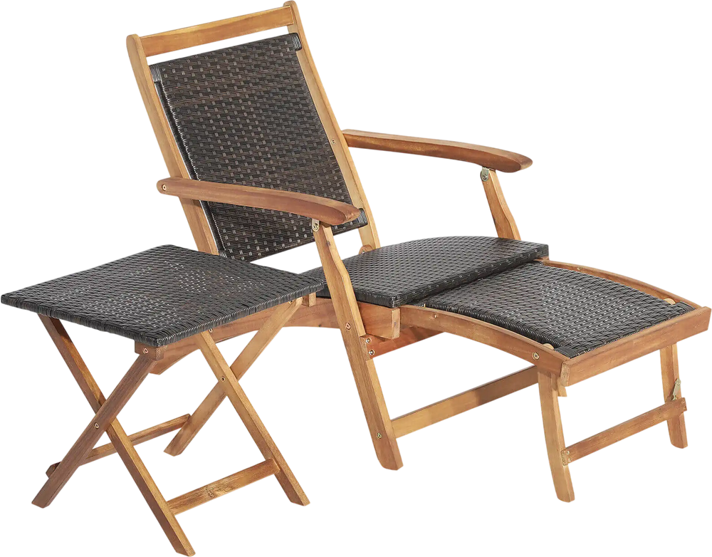 2 Pieces Patio Rattan Folding Lounge Chair with Acacia Wood Table