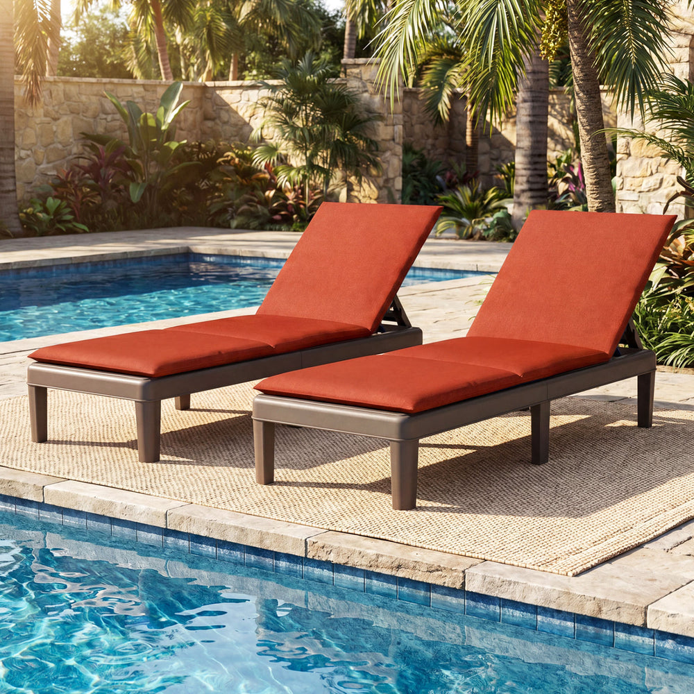 Patio lounge outdoor recliner chairs with orange cushions, featuring a 3-position adjustable backrest by the pool.