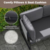 Gray patio loveseat sofa with removable pillows and seat cushion, featuring machine-washable covers for easy cleaning.