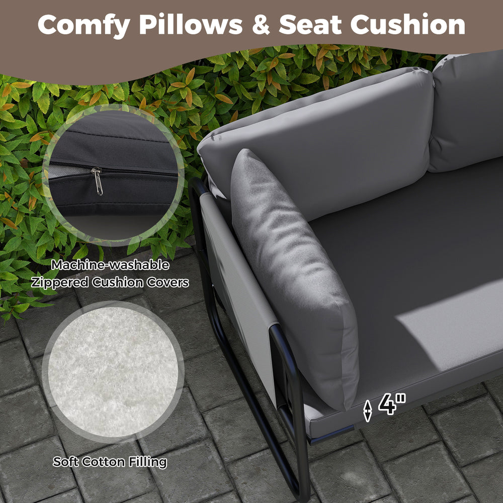 Gray patio loveseat sofa with removable pillows and seat cushion, featuring machine-washable covers for easy cleaning.