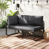 Gray patio loveseat sofa with removable pillows, metal frame, and side armrests, perfect for outdoor relaxation.