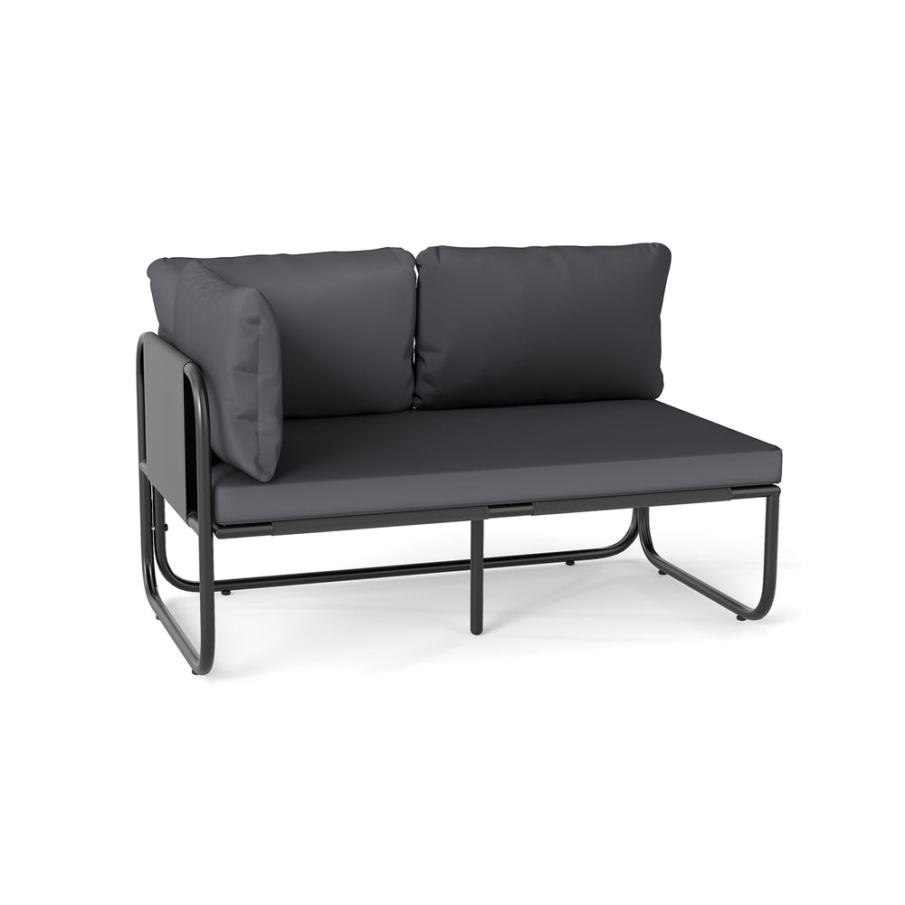 Gray patio loveseat sofa with removable pillows and seat cushion, ideal for outdoor relaxation in gardens or porches.