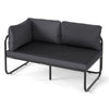 Gray patio loveseat sofa with removable pillows and seat cushion, designed for outdoor comfort and relaxation.