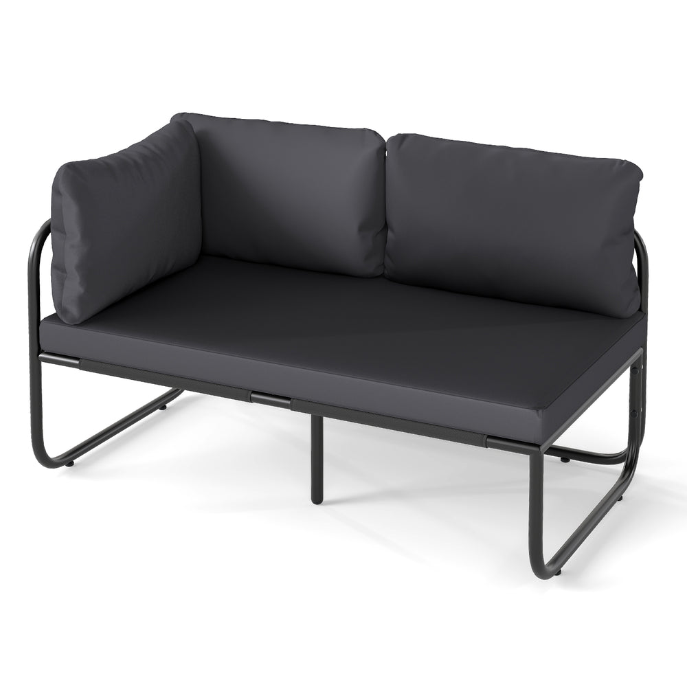 Gray patio loveseat sofa with removable pillows and seat cushion, designed for outdoor comfort and relaxation.