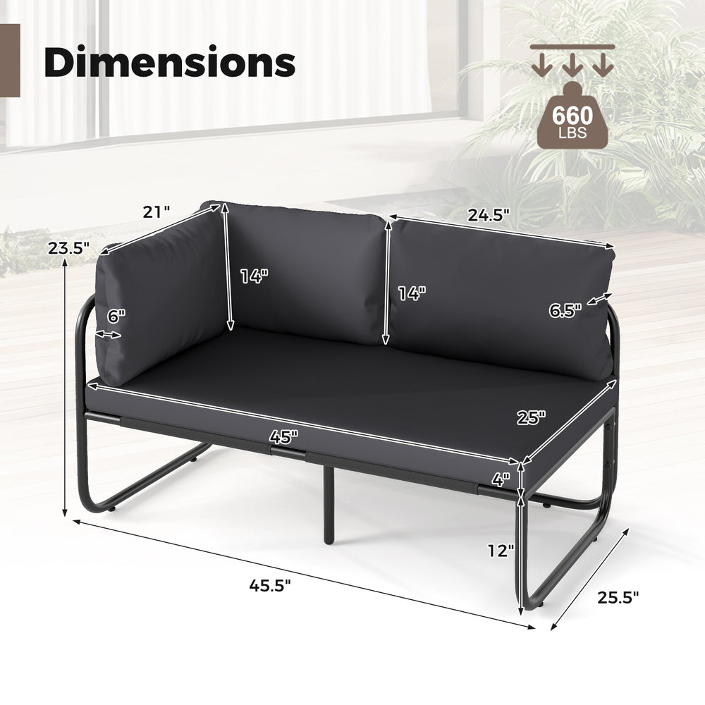 Patio loveseat sofa dimensions with removable gray cushions, supporting up to 660 lbs, ideal for outdoor relaxation.