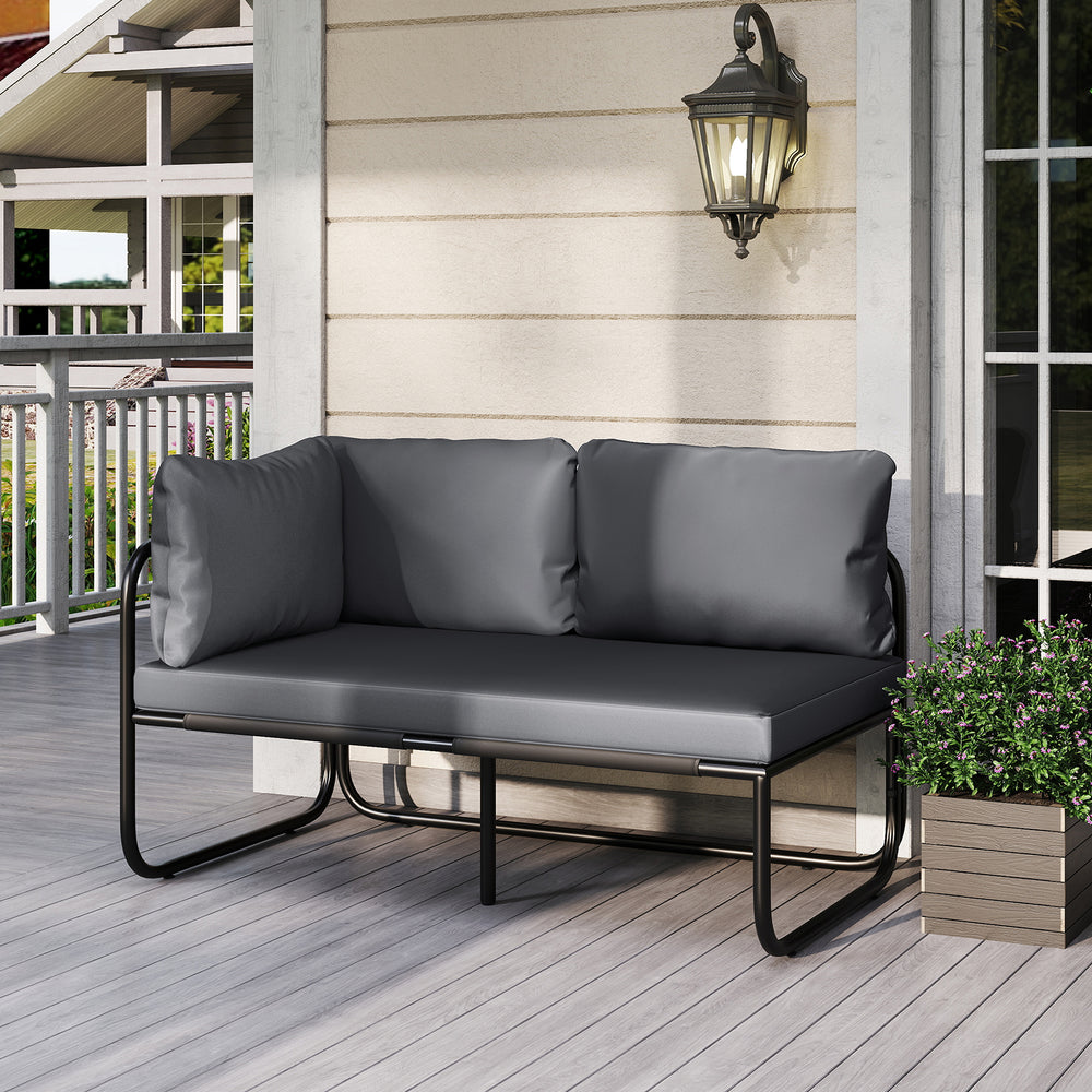 Gray patio loveseat sofa couch with removable pillows, metal frame, and side armrests for outdoor relaxation.