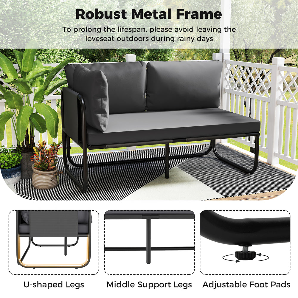 Gray patio loveseat sofa with removable pillows, robust metal frame, and adjustable foot pads for outdoor comfort.