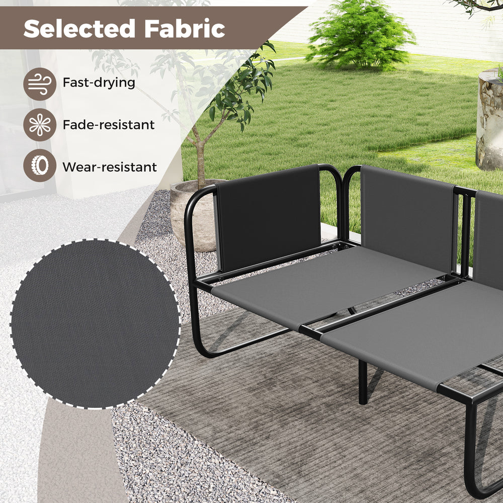 Gray patio loveseat sofa with removable pillows, featuring a robust metal frame and fast-drying fabric for outdoor use.