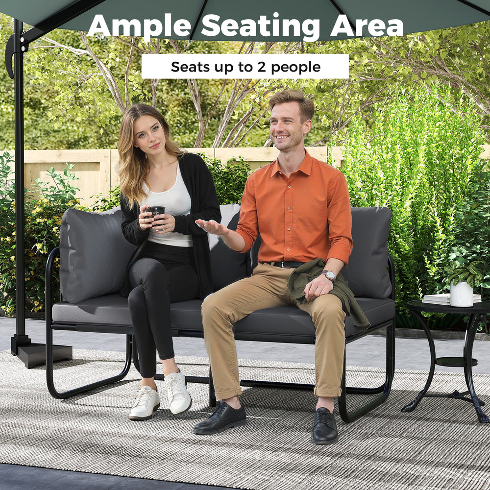 Gray patio loveseat sofa with removable pillows, seating 2 people, ideal for outdoor relaxation in gardens or porches.