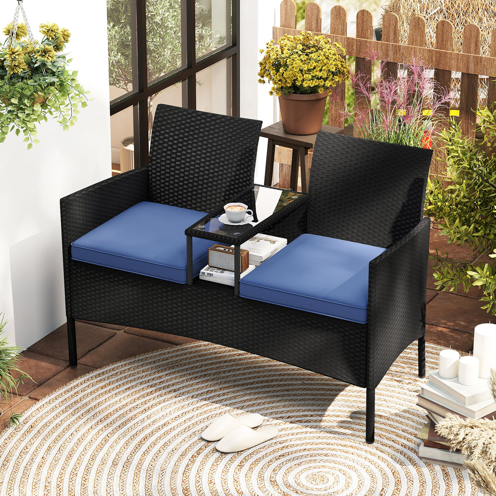Patio Loveseat with Built-in Table for Backyard Porch-Navy - Gallery View 1 of 10