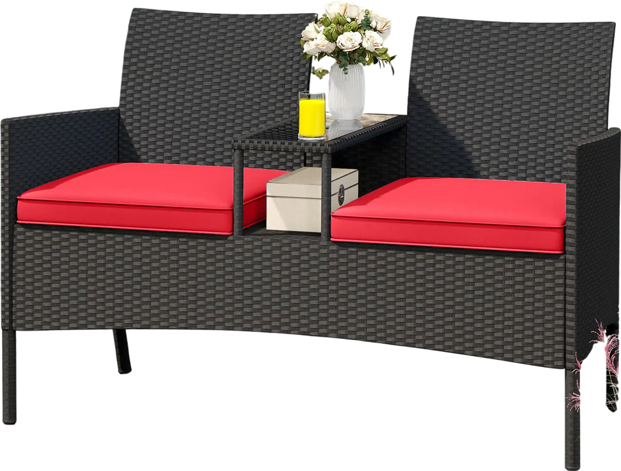 Costway Patio Loveseat Built-in Table Red 728916543 New