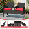 Patio loveseat with built-in table, red cushions, hand-woven PE rattan, perfect for backyard or porch relaxation.