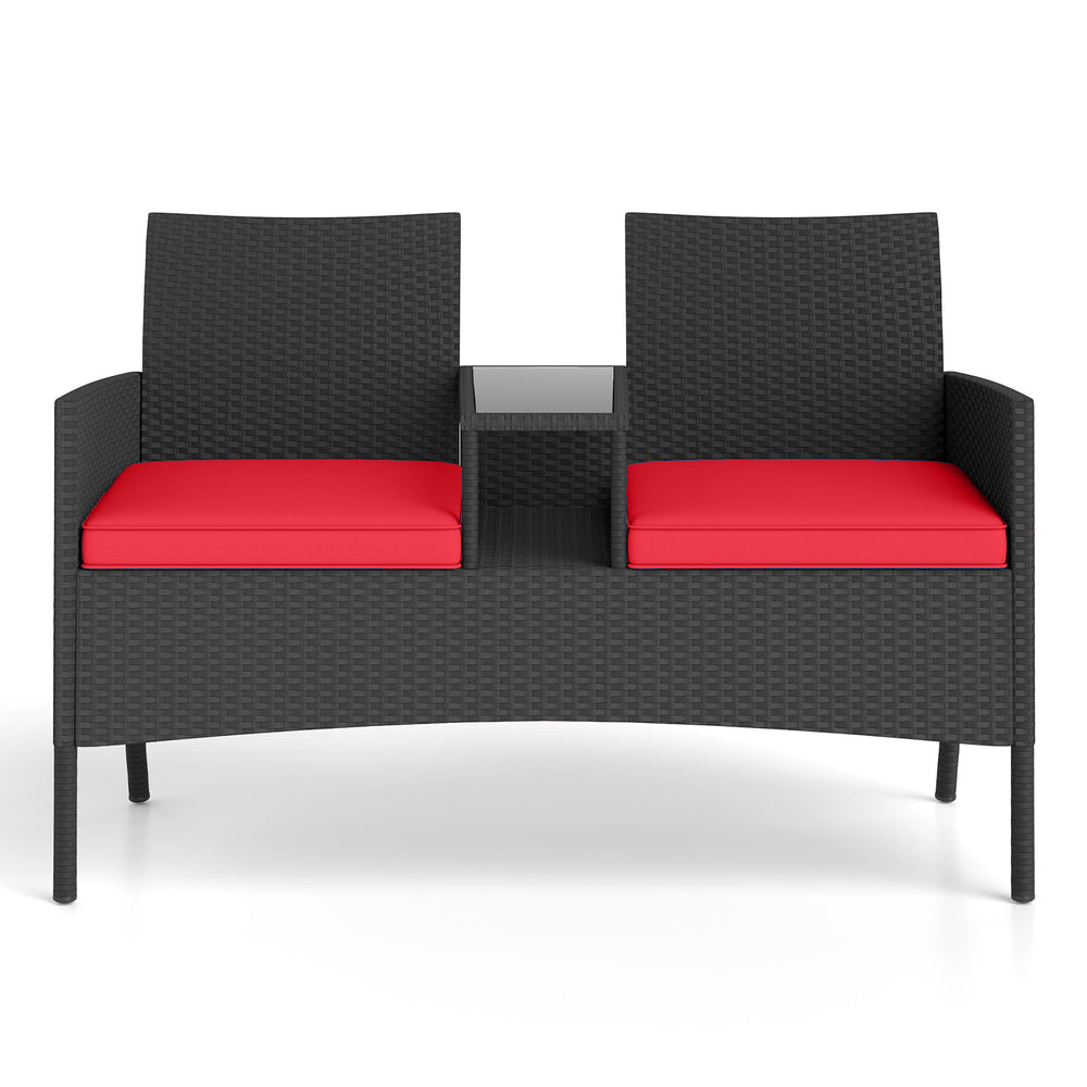 Patio loveseat with built-in table, featuring ergonomic backrests and durable metal frame, perfect for cozy outdoor.