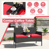 Patio loveseat with built-in table, hand-woven PE rattan, red cushions, ideal for backyard relaxation and storage.