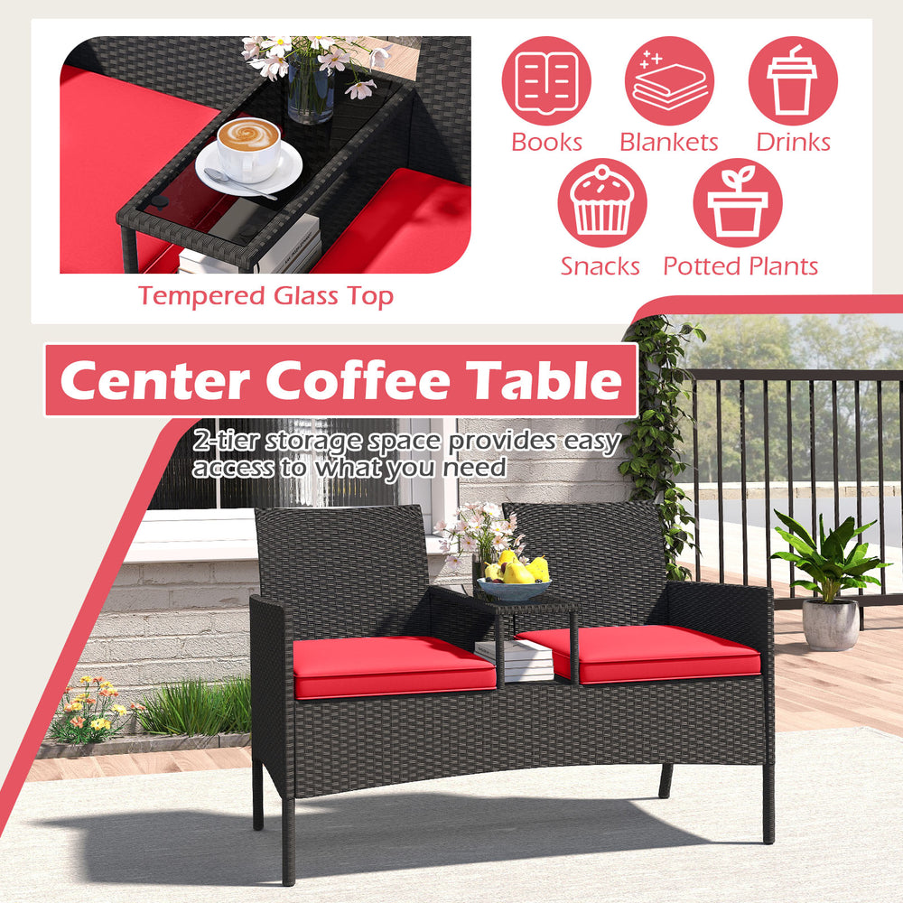 Patio loveseat with built-in table, hand-woven PE rattan, red cushions, ideal for backyard relaxation and storage.