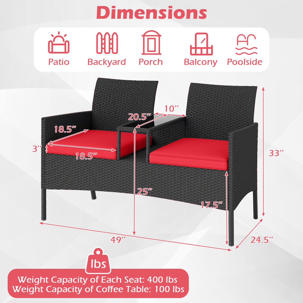 Dimensions of patio loveseat with built-in table, showcasing 400 lbs seat capacity, ideal for backyard and porch use.
