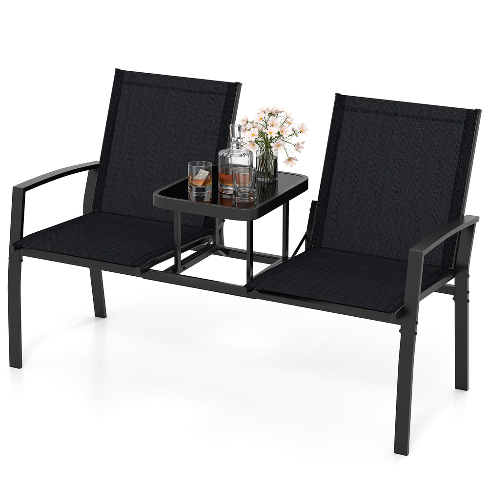 Patio loveseat with built-in table in black, featuring breathable fabric and a sturdy metal frame, perfect for outdoor.