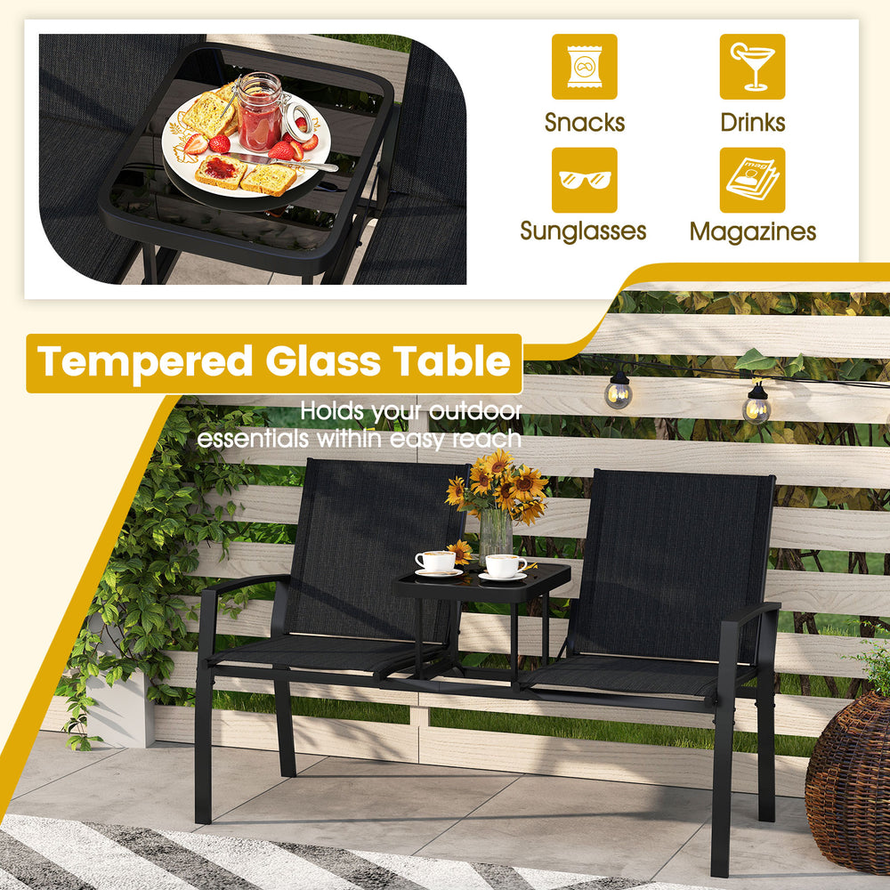 Patio loveseat with built-in tempered glass table, featuring breathable fabric and sturdy metal frame for outdoor.