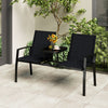 Patio loveseat with built-in table, breathable black fabric, and sturdy metal frame, perfect for garden or poolside use.