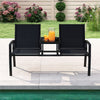 Patio loveseat with built-in table in black, featuring breathable fabric and a tempered glass table for poolside.