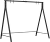 Black patio metal swing stand with A-shaped structure, sturdy rustproof frame for various swing types, easy to assemble.