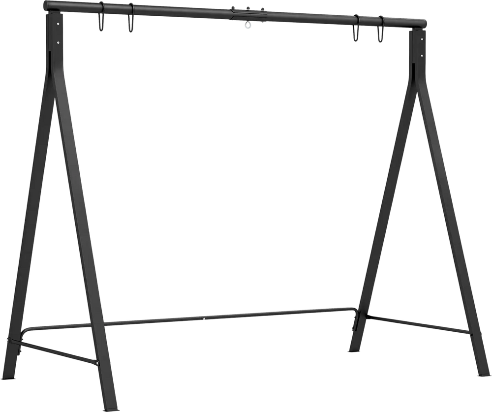 Black patio metal swing stand with A-shaped structure, sturdy rustproof frame for various swing types, easy to assemble.