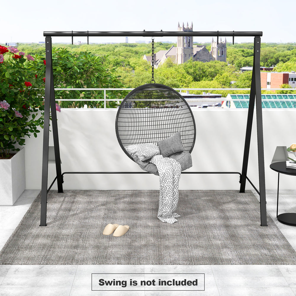 Black patio metal swing stand with A-shaped structure, showcasing stability and elegance for various swing types.