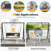 Patio metal swing stand with A-shaped structure, suitable for various swings, featuring a sturdy black frame and.