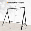 Patio metal swing stand dimensions showing A-shaped structure, black rustproof frame, suitable for various swings.