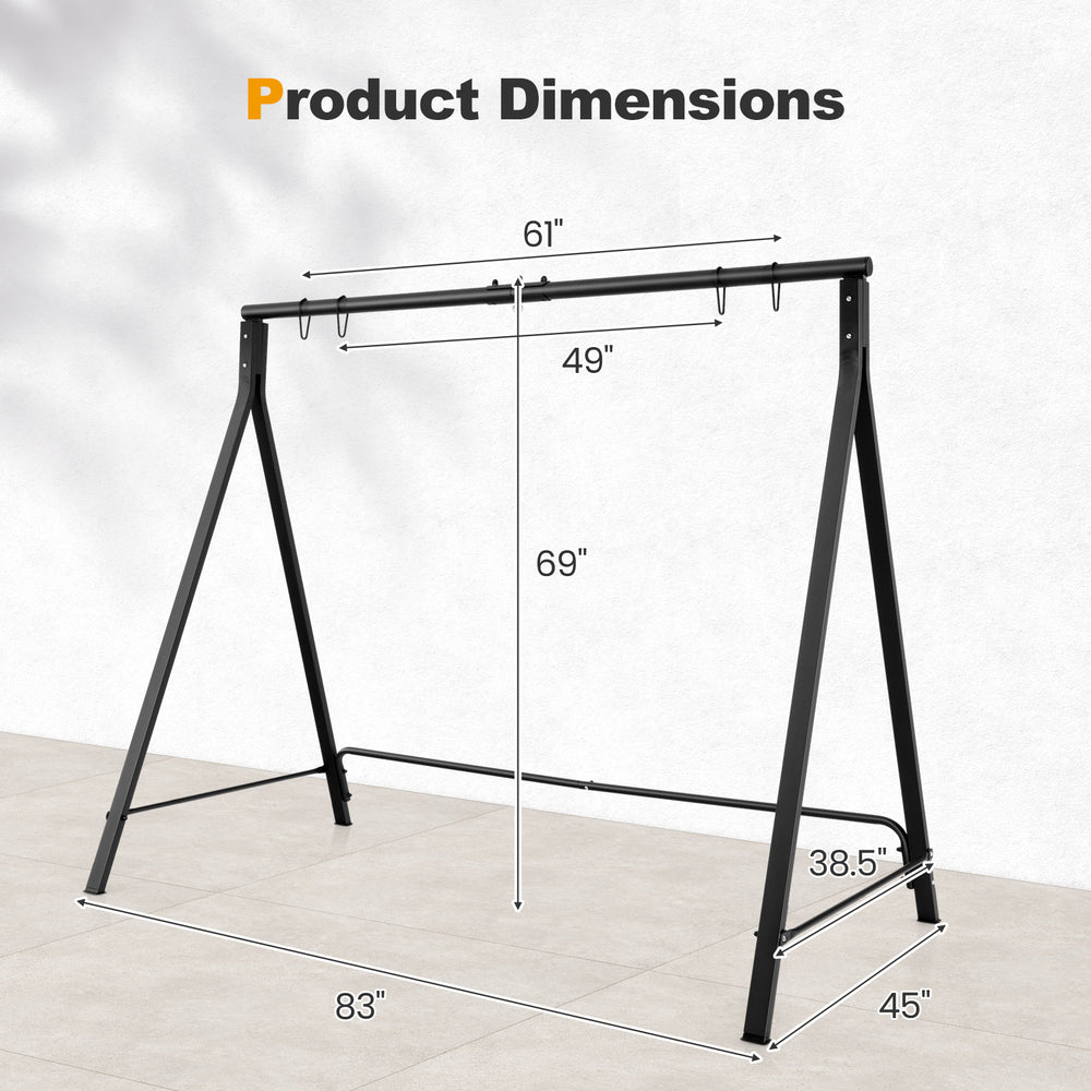 Patio metal swing stand dimensions showing A-shaped structure, black rustproof frame, suitable for various swings.