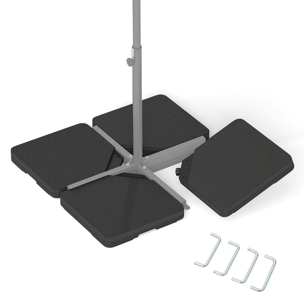 Patio offset umbrella base with four HDPE plates, featuring easy-fill spouts for stability and convenient storage.