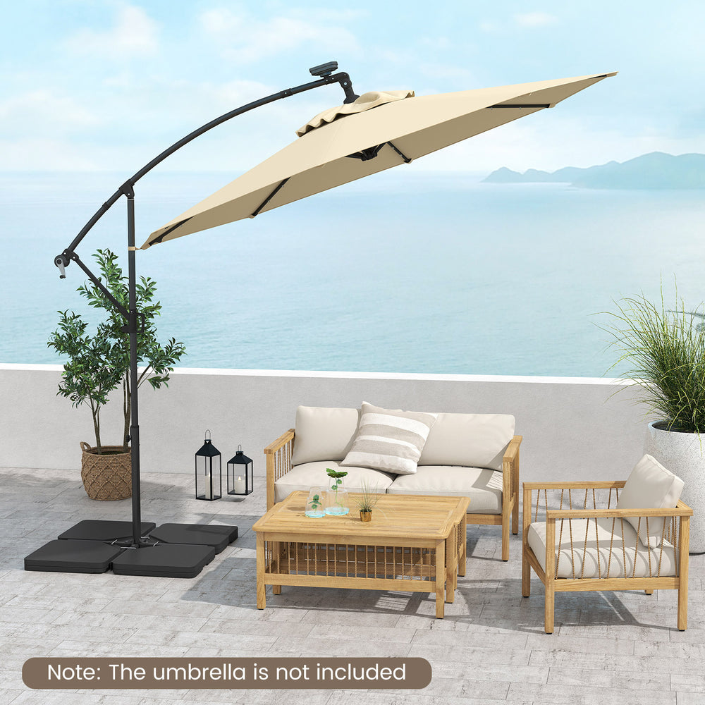 Patio offset umbrella base with easy-fill spouts, crafted from HDPE, designed for stability in outdoor settings.