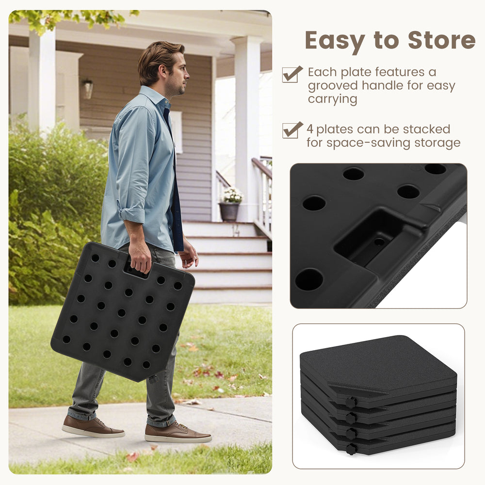 Patio offset umbrella base plates with grooved handles, made of HDPE, stackable for easy storage and stability.
