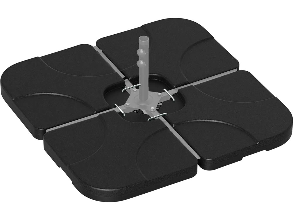 Sturdy 20-inch patio umbrella base with four black plates, designed for stability in windy conditions for outdoor use.