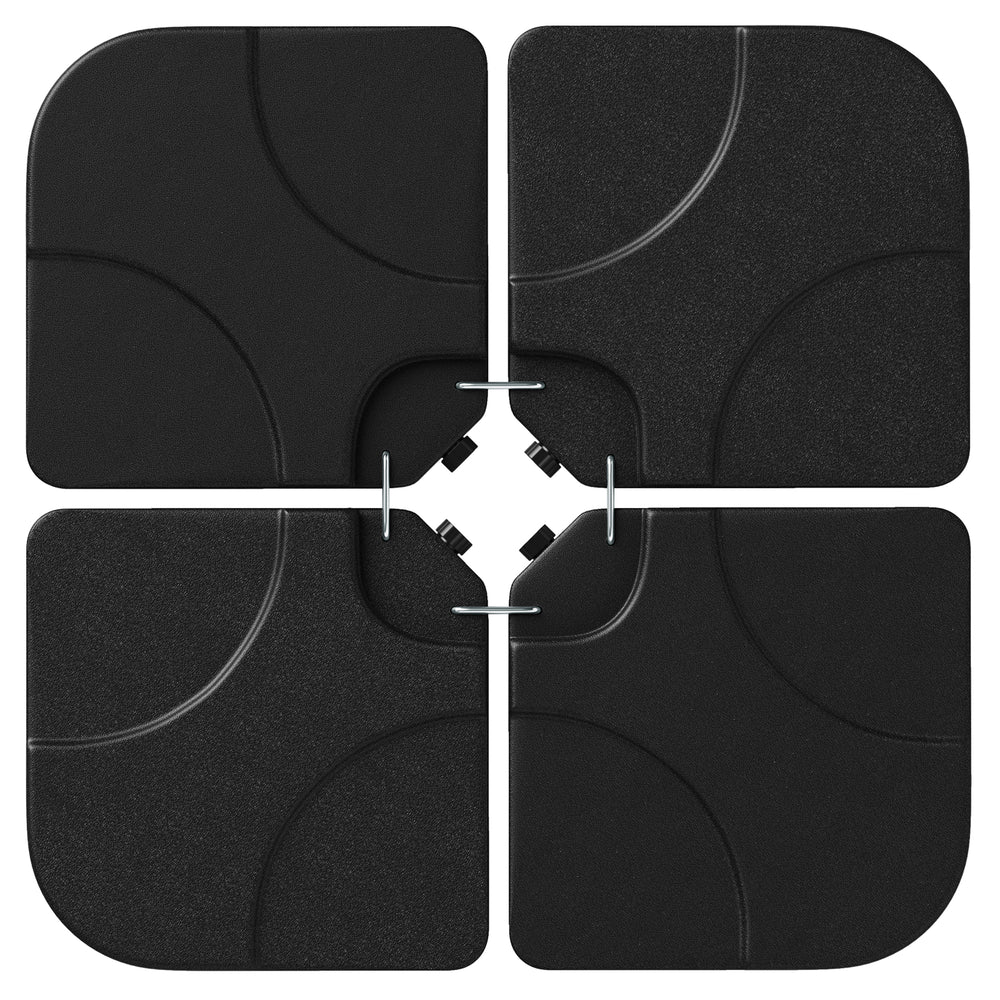 Square black patio umbrella base plates with metal hooks, designed for stability in windy conditions.
