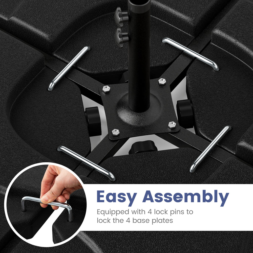 Close-up of the 20-inch patio umbrella base with 4 lock pins for easy assembly, made of durable HDPE for stability.