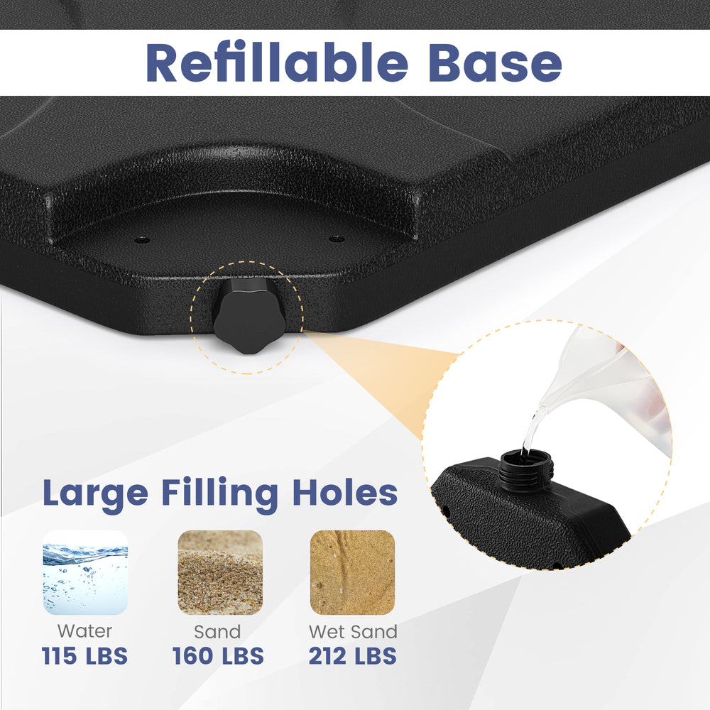20-inch black patio umbrella base with refillable filling holes for sand or water, designed for stability in windy.