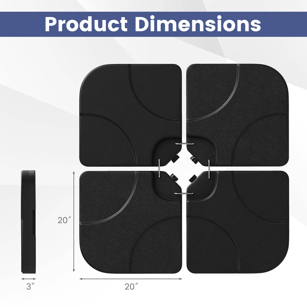 Product dimensions of the 20-inch patio offset umbrella base, featuring four black HDPE plates for stability.