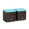 Two patio ottomans with turquoise removable cushions, made of hand-woven PE rattan, ideal for storage and seating.