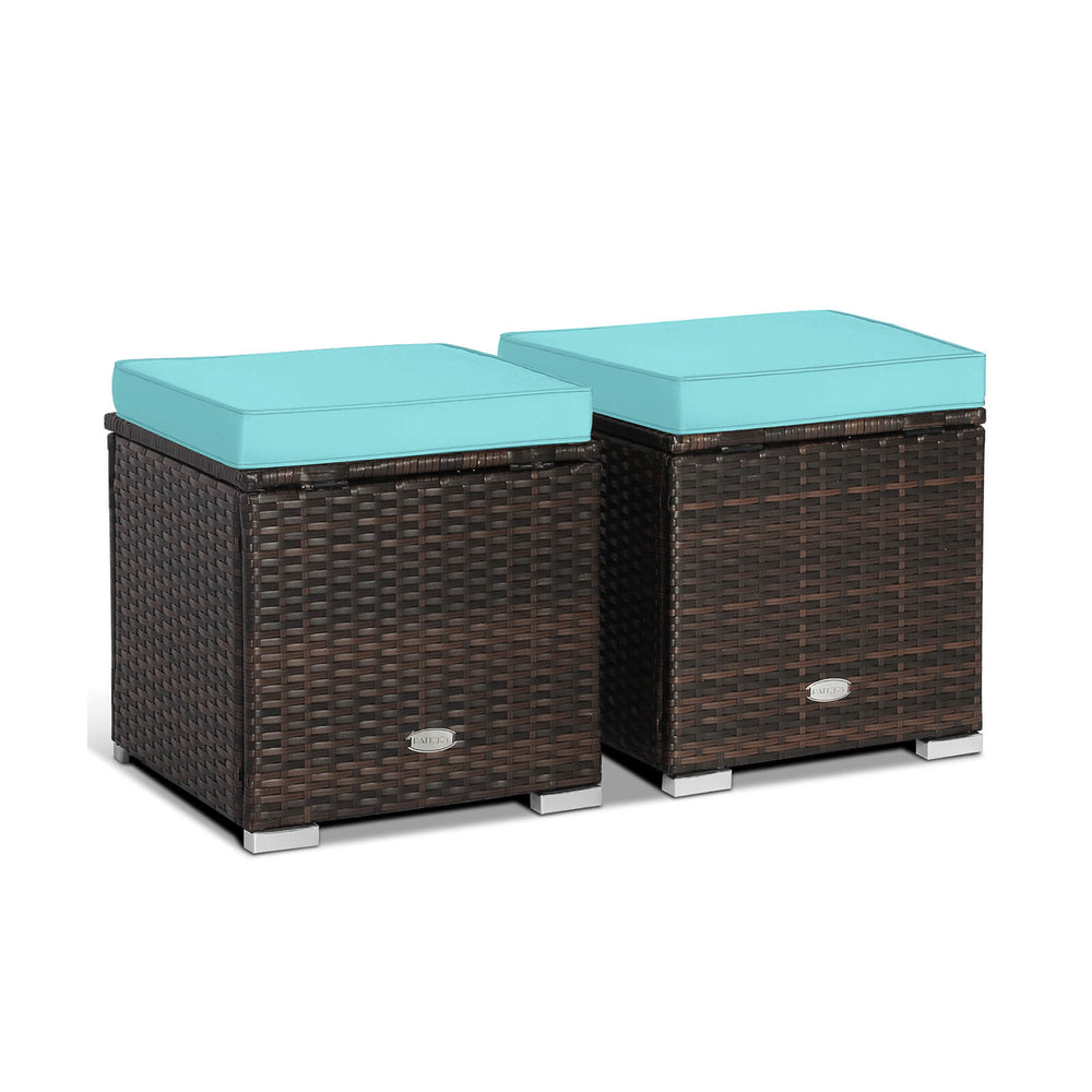 Two patio ottomans with turquoise removable cushions, made of hand-woven PE rattan, ideal for storage and seating.